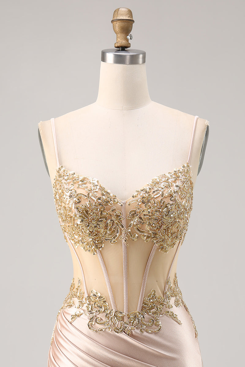 Load image into Gallery viewer, Sparkly Champagne Lace Short Corset Tight Homecoming Dress