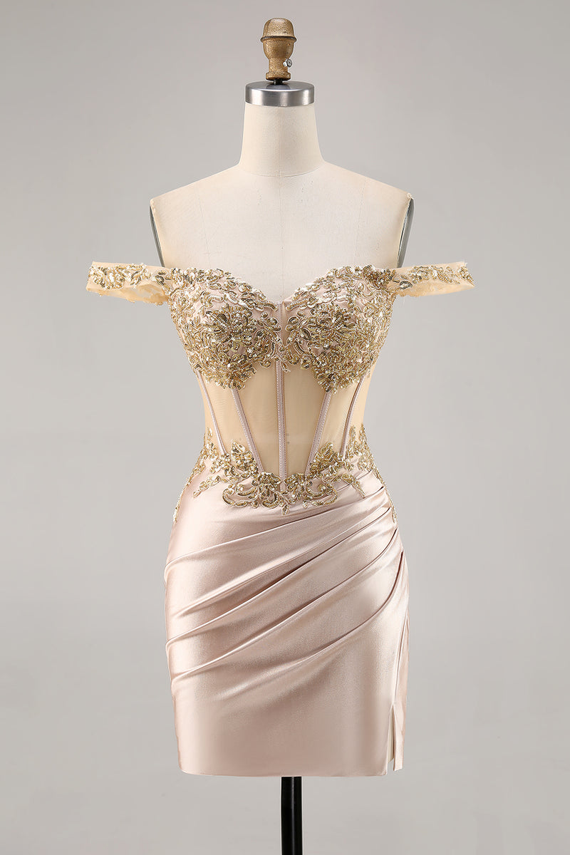 Load image into Gallery viewer, Sparkly Short Champagne Corset Satin Homecoming Dress with Lace