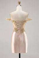 Load image into Gallery viewer, Sparkly Short Champagne Corset Satin Homecoming Dress with Lace