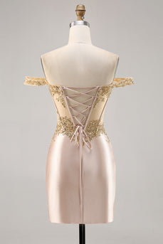 Sparkly Short Champagne Corset Satin Homecoming Dress with Lace