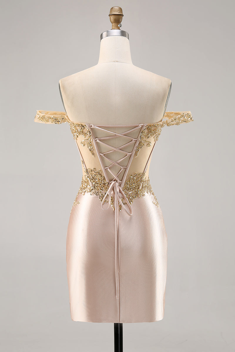 Load image into Gallery viewer, Sparkly Short Champagne Corset Satin Homecoming Dress with Lace