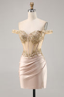 Load image into Gallery viewer, Sparkly Short Champagne Corset Satin Homecoming Dress with Lace
