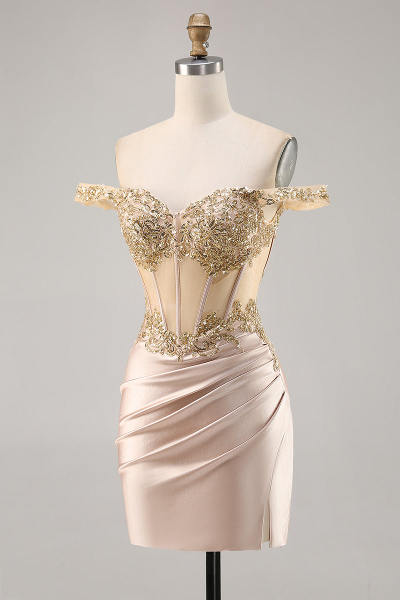 Load image into Gallery viewer, Sparkly Short Champagne Corset Satin Homecoming Dress with Lace