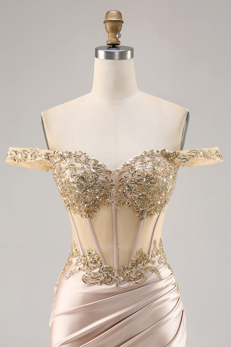 Load image into Gallery viewer, Sparkly Short Champagne Corset Satin Homecoming Dress with Lace