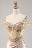 Load image into Gallery viewer, Sparkly Short Champagne Corset Satin Homecoming Dress with Lace