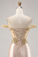 Load image into Gallery viewer, Sparkly Short Champagne Corset Satin Homecoming Dress with Lace