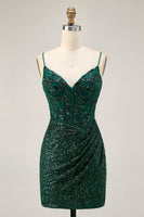 Load image into Gallery viewer, Sparkly Dark Green Sequins V-Neck Short Corset Homecoming Dress