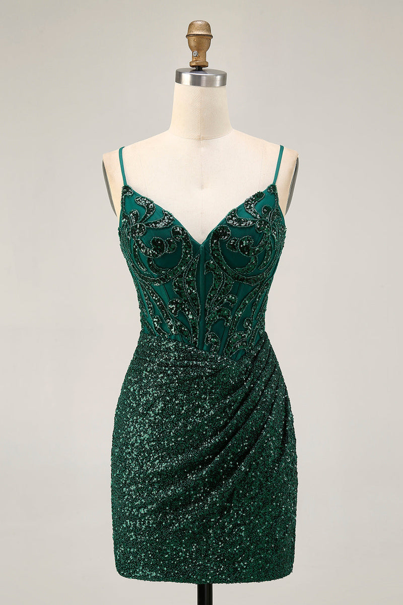 Load image into Gallery viewer, Sparkly Dark Green Sequins V-Neck Short Corset Homecoming Dress