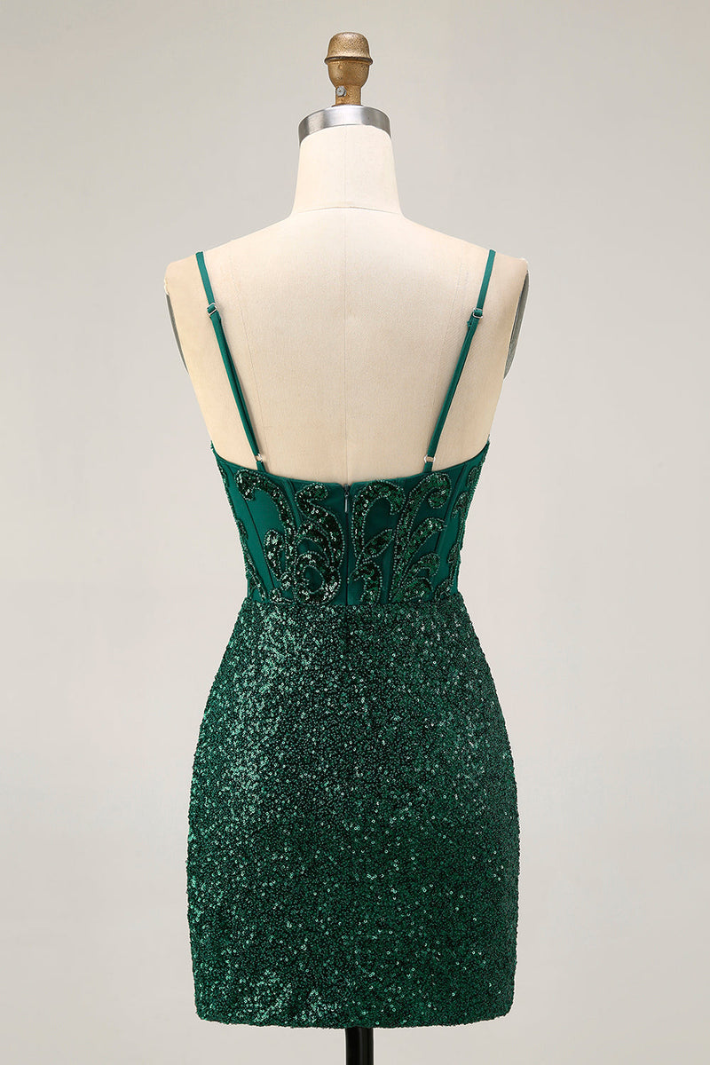 Load image into Gallery viewer, Sparkly Dark Green Sequins V-Neck Short Corset Homecoming Dress