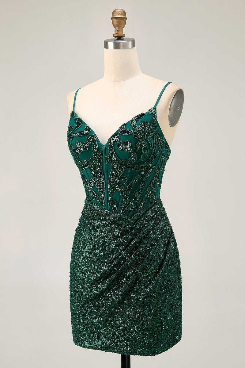 Load image into Gallery viewer, Sparkly Dark Green Sequins V-Neck Short Corset Homecoming Dress