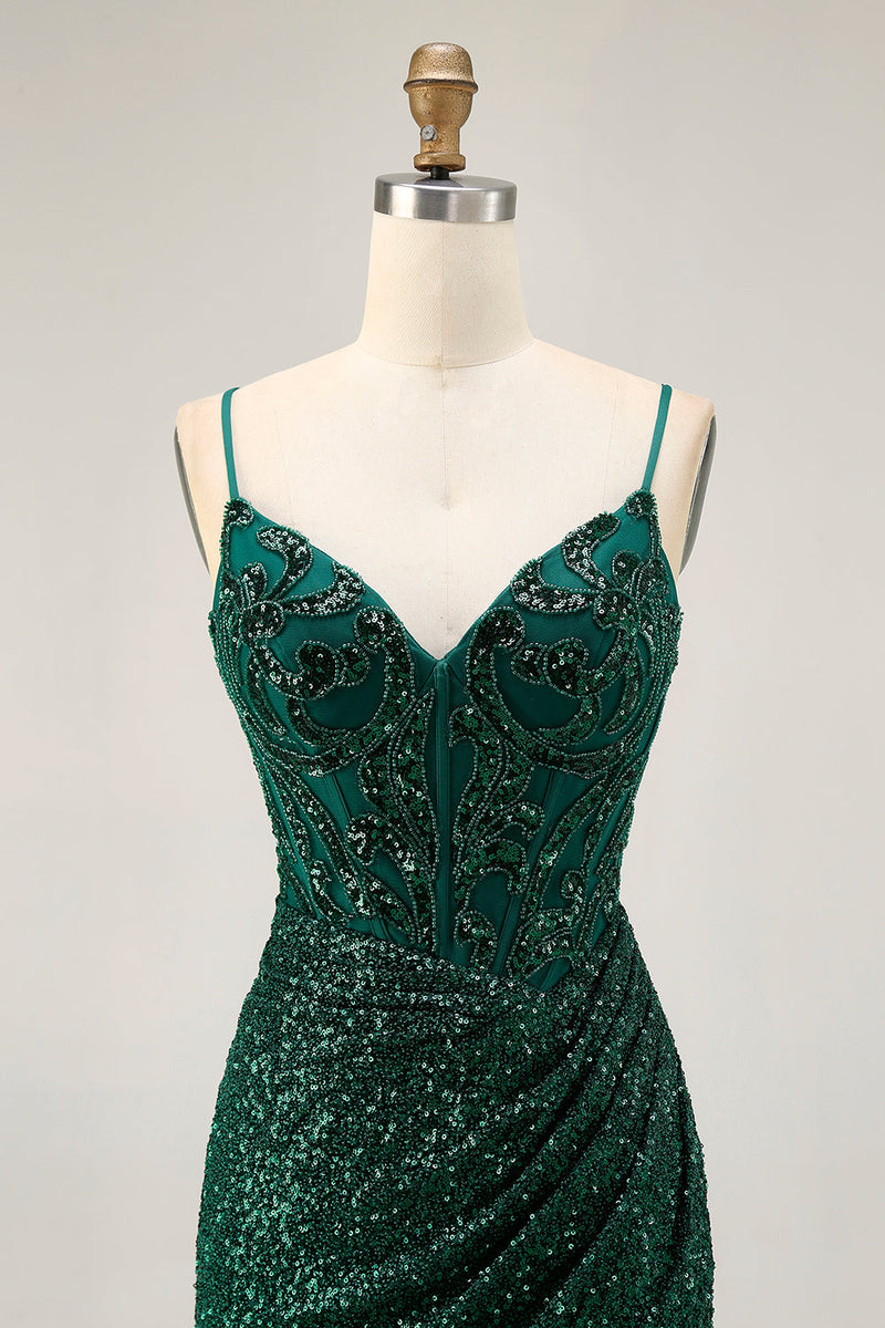 Load image into Gallery viewer, Sparkly Dark Green Sequins V-Neck Short Corset Homecoming Dress