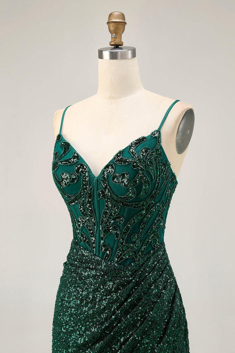 Load image into Gallery viewer, Sparkly Dark Green Sequins V-Neck Short Corset Homecoming Dress