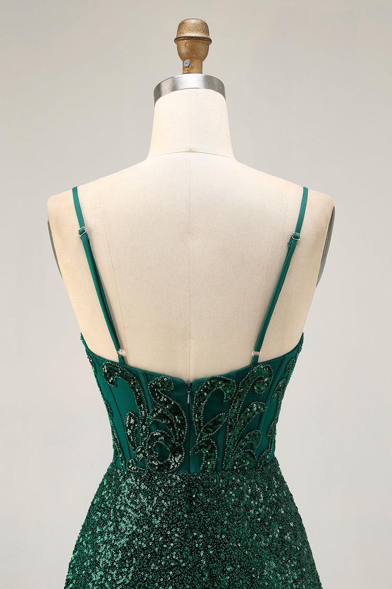 Load image into Gallery viewer, Sparkly Dark Green Sequins V-Neck Short Corset Homecoming Dress