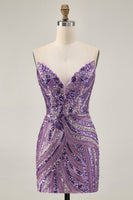 Load image into Gallery viewer, Sparkly Purple Beaded Tight Strapless Short Homecoming Dress