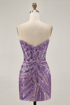 Sparkly Purple Beaded Tight Strapless Short Homecoming Dress