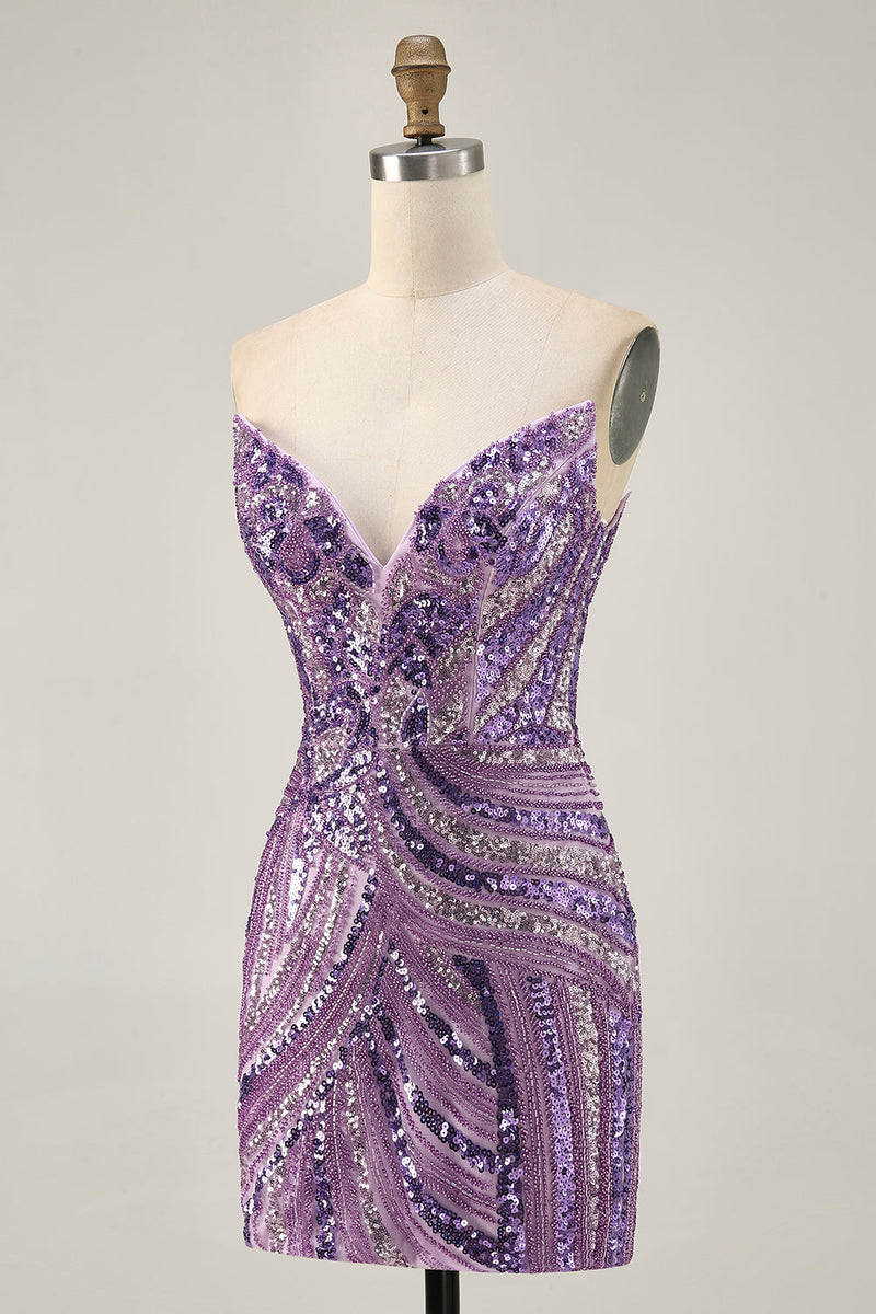 Load image into Gallery viewer, Sparkly Purple Beaded Tight Strapless Short Homecoming Dress