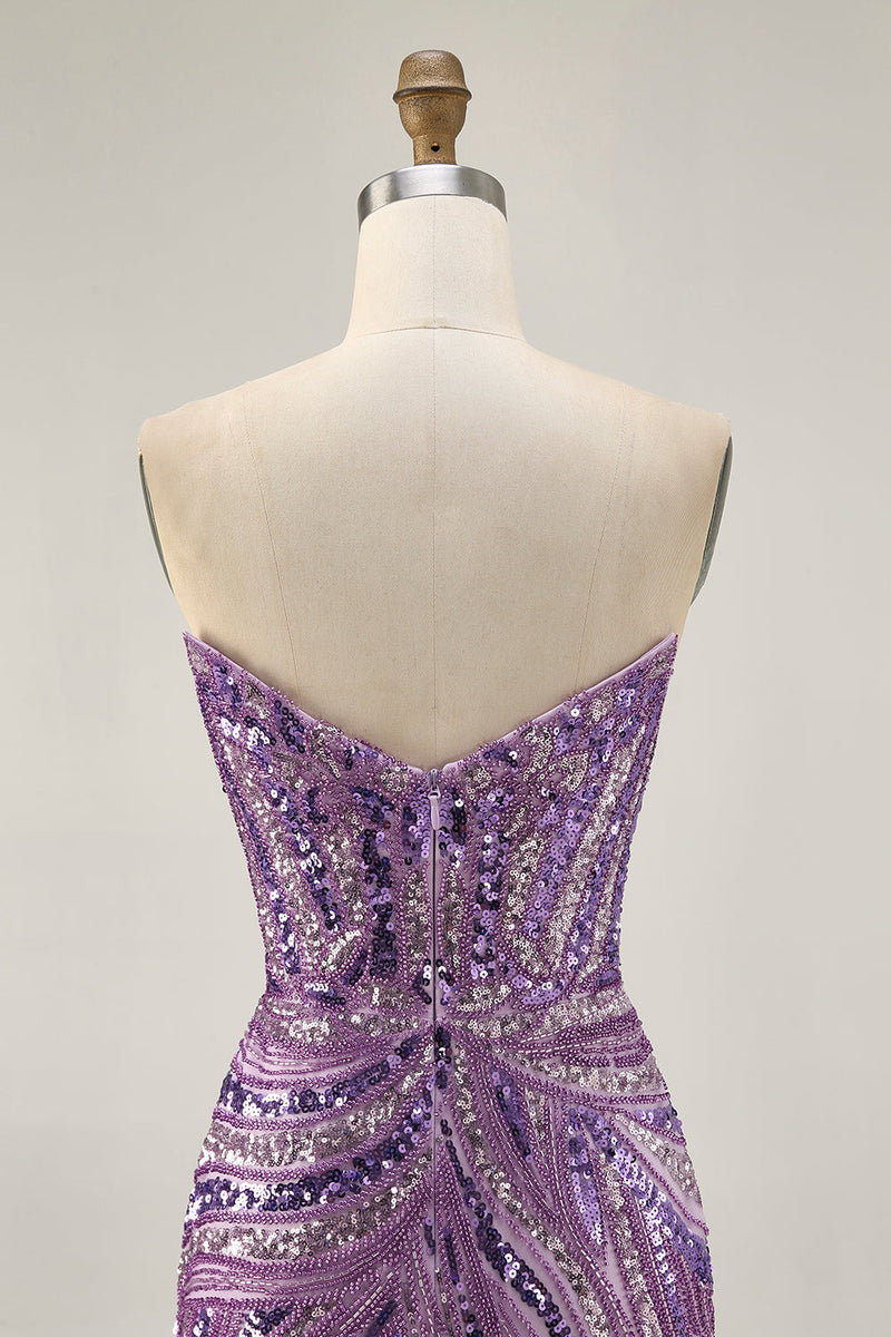 Load image into Gallery viewer, Sparkly Purple Beaded Tight Strapless Short Homecoming Dress