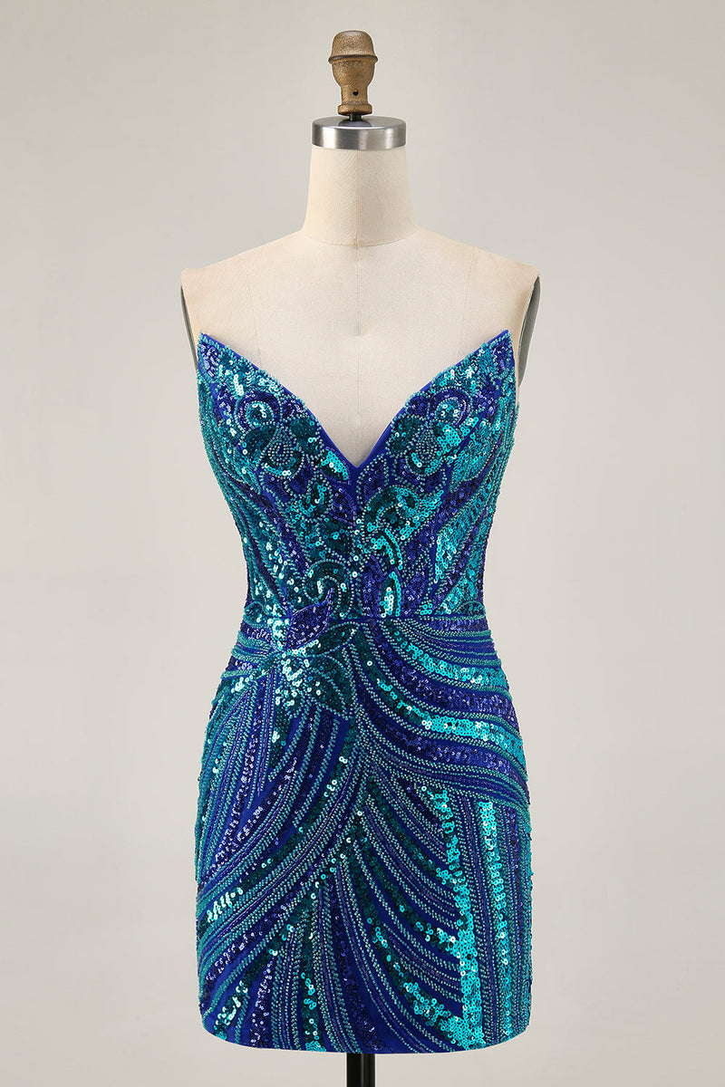 Load image into Gallery viewer, Sparkly Royal Blue Tight Beaded Strapless Short Homecoming Dress