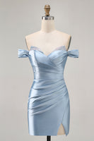 Load image into Gallery viewer, Grey Blue Satin Off the Shoulder Ruched Short Homecoming Dress