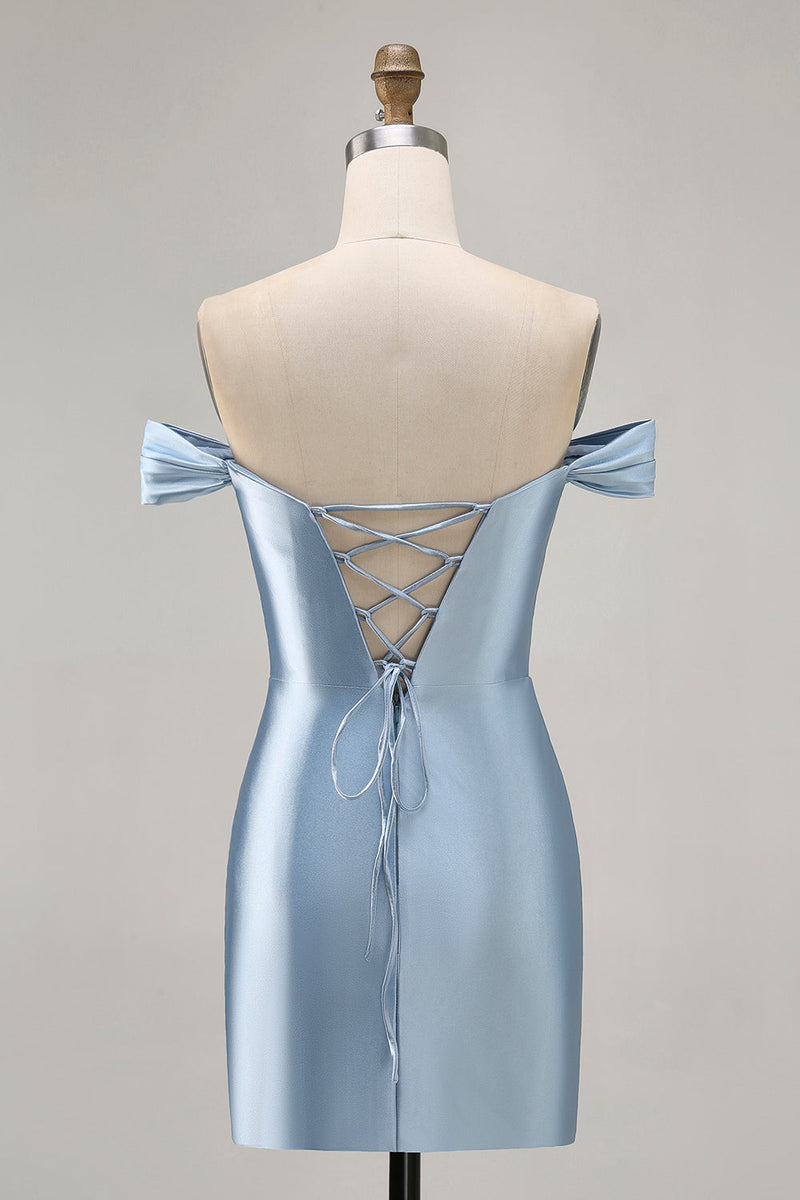 Load image into Gallery viewer, Grey Blue Satin Off the Shoulder Ruched Short Homecoming Dress