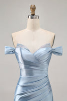 Load image into Gallery viewer, Grey Blue Satin Off the Shoulder Ruched Short Homecoming Dress