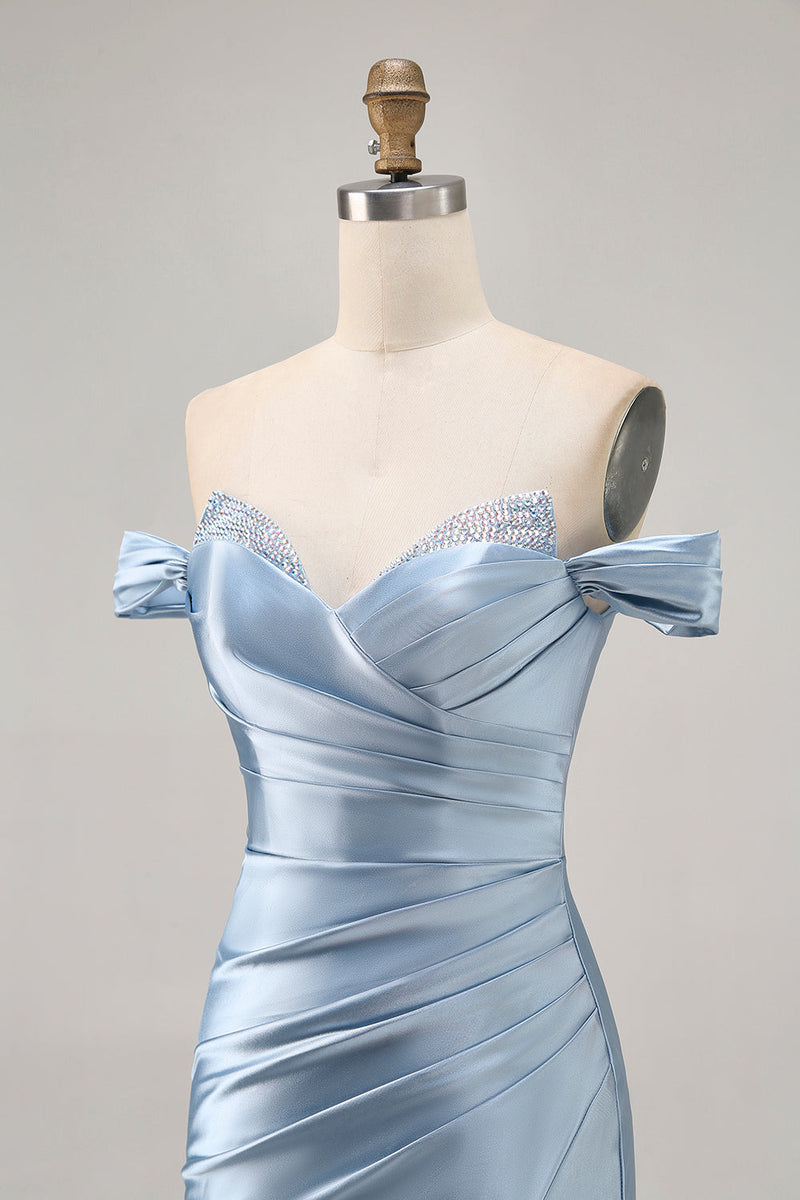 Load image into Gallery viewer, Grey Blue Satin Off the Shoulder Ruched Short Homecoming Dress