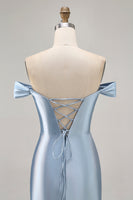Load image into Gallery viewer, Grey Blue Satin Off the Shoulder Ruched Short Homecoming Dress