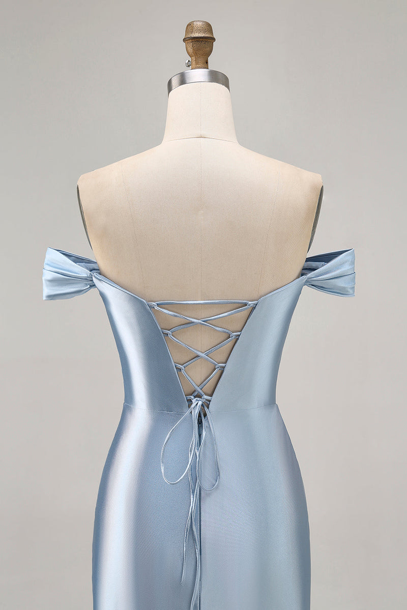 Load image into Gallery viewer, Grey Blue Satin Off the Shoulder Ruched Short Homecoming Dress