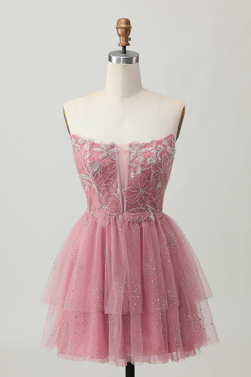 Load image into Gallery viewer, Sparkly Dusty Rose Tulle Tiered Short Corset Homecoming Dress with Beading