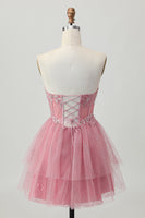 Load image into Gallery viewer, Sparkly Dusty Rose Tulle Tiered Short Corset Homecoming Dress with Beading