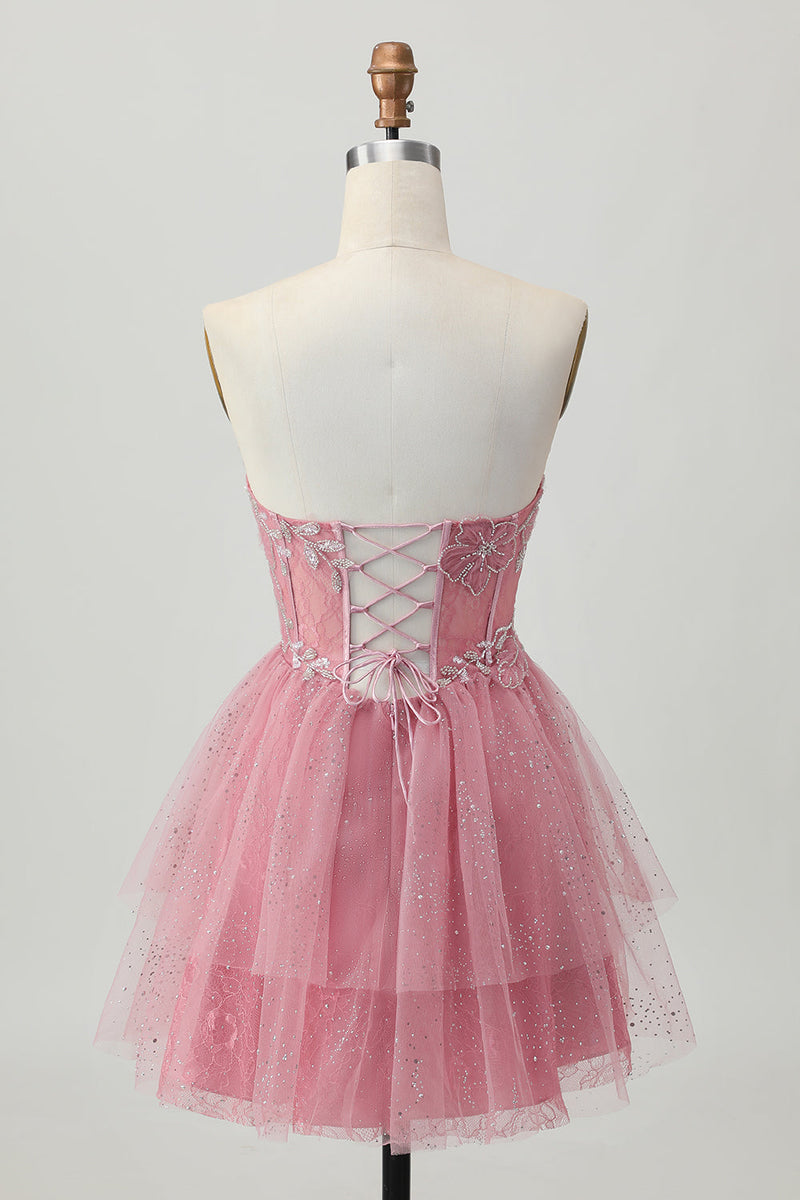 Load image into Gallery viewer, Sparkly Dusty Rose Tulle Tiered Short Corset Homecoming Dress with Beading