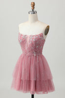 Load image into Gallery viewer, Sparkly Dusty Rose Tulle Tiered Short Corset Homecoming Dress with Beading