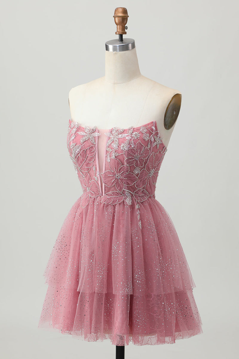 Load image into Gallery viewer, Sparkly Dusty Rose Tulle Tiered Short Corset Homecoming Dress with Beading