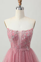Load image into Gallery viewer, Sparkly Dusty Rose Tulle Tiered Short Corset Homecoming Dress with Beading