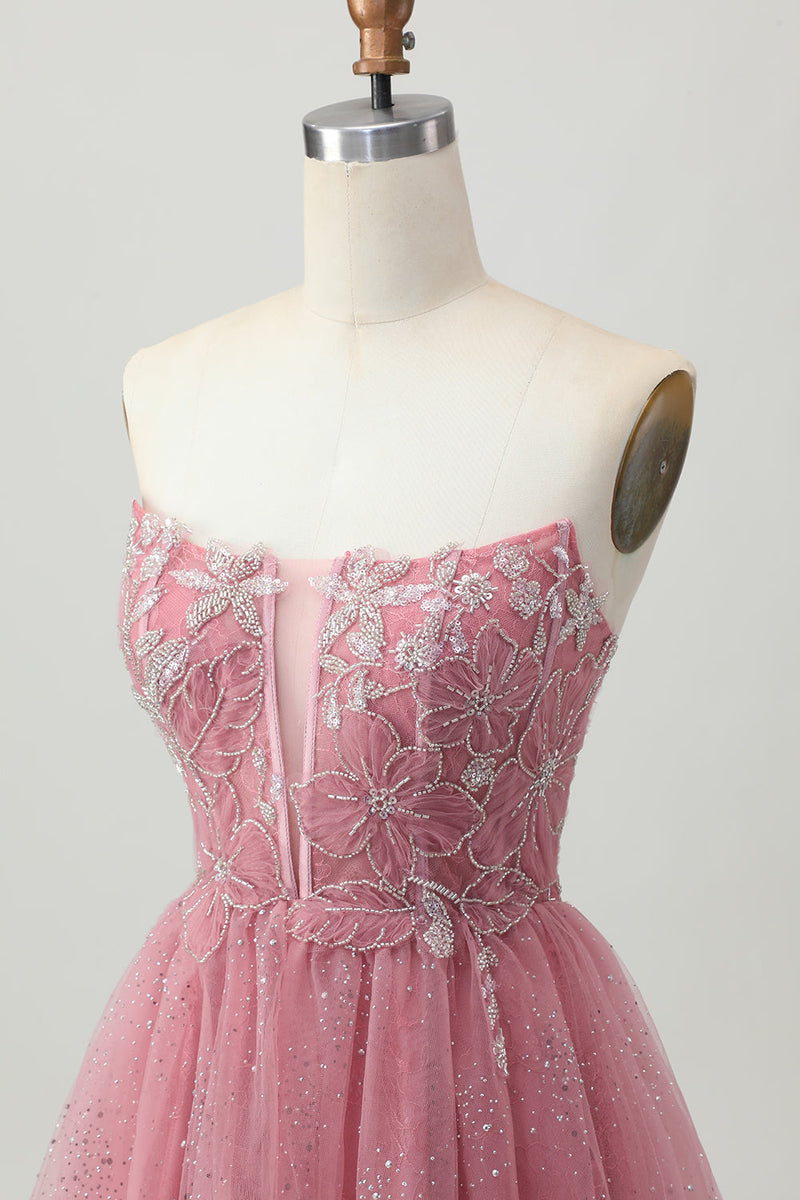 Load image into Gallery viewer, Sparkly Dusty Rose Tulle Tiered Short Corset Homecoming Dress with Beading