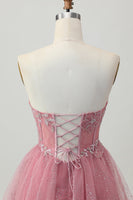 Load image into Gallery viewer, Sparkly Dusty Rose Tulle Tiered Short Corset Homecoming Dress with Beading