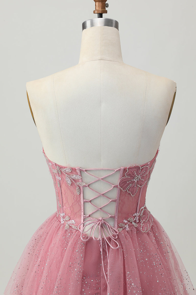 Load image into Gallery viewer, Sparkly Dusty Rose Tulle Tiered Short Corset Homecoming Dress with Beading