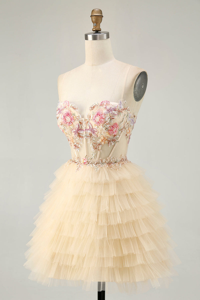 Load image into Gallery viewer, Floral Apricot Short Corset Tiered Homecoming Dress with Ruffles
