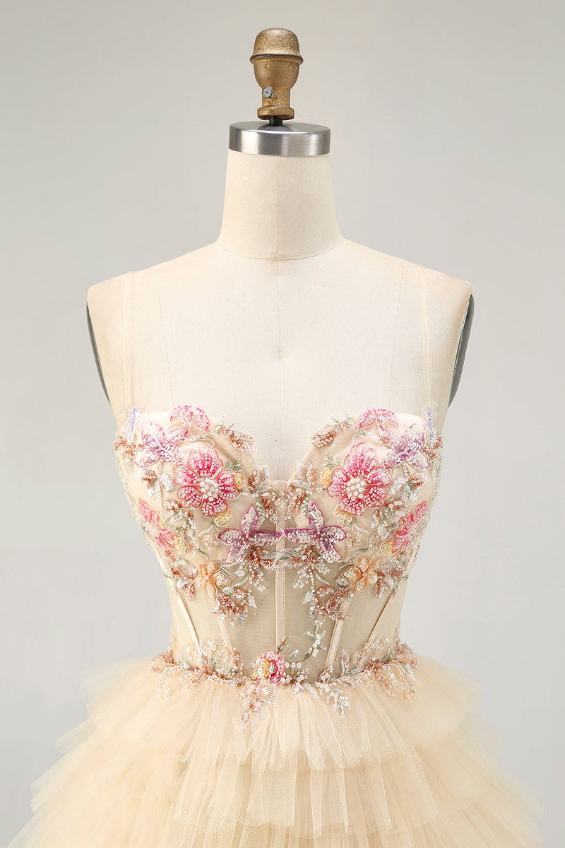 Load image into Gallery viewer, Floral Apricot Short Corset Tiered Homecoming Dress with Ruffles