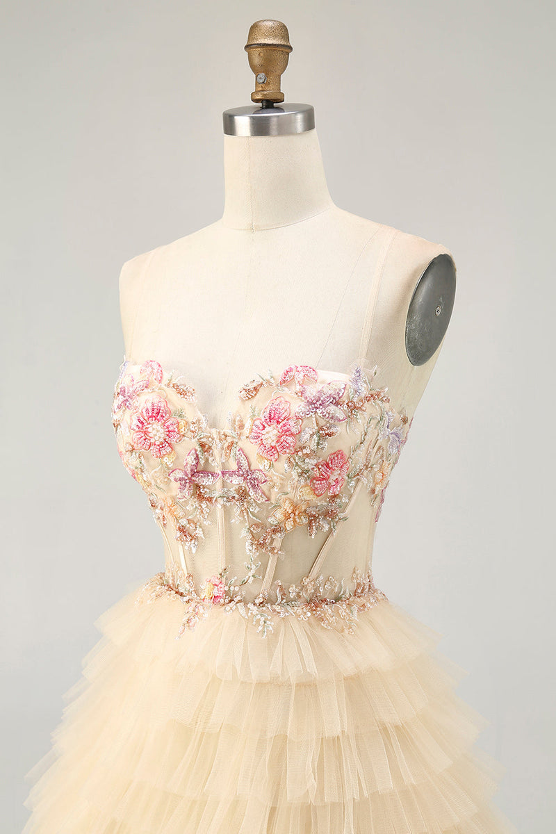 Load image into Gallery viewer, Floral Apricot Short Corset Tiered Homecoming Dress with Ruffles