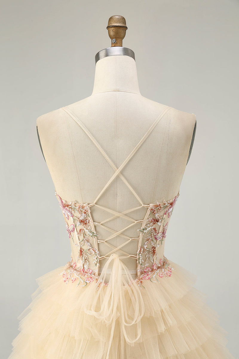 Load image into Gallery viewer, Floral Apricot Short Corset Tiered Homecoming Dress with Ruffles