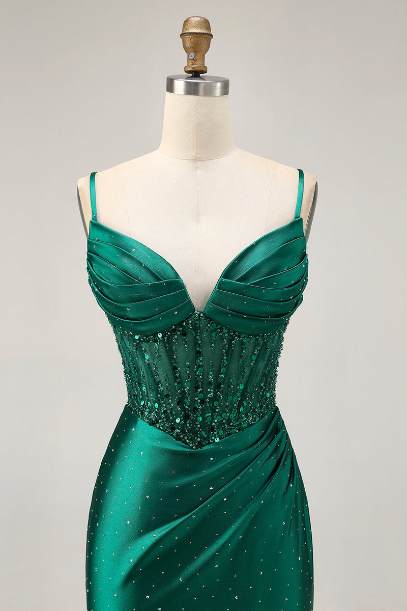Load image into Gallery viewer, Sparkly Dark Green Satin Corset Short Tight Homecoming Dress with Beading