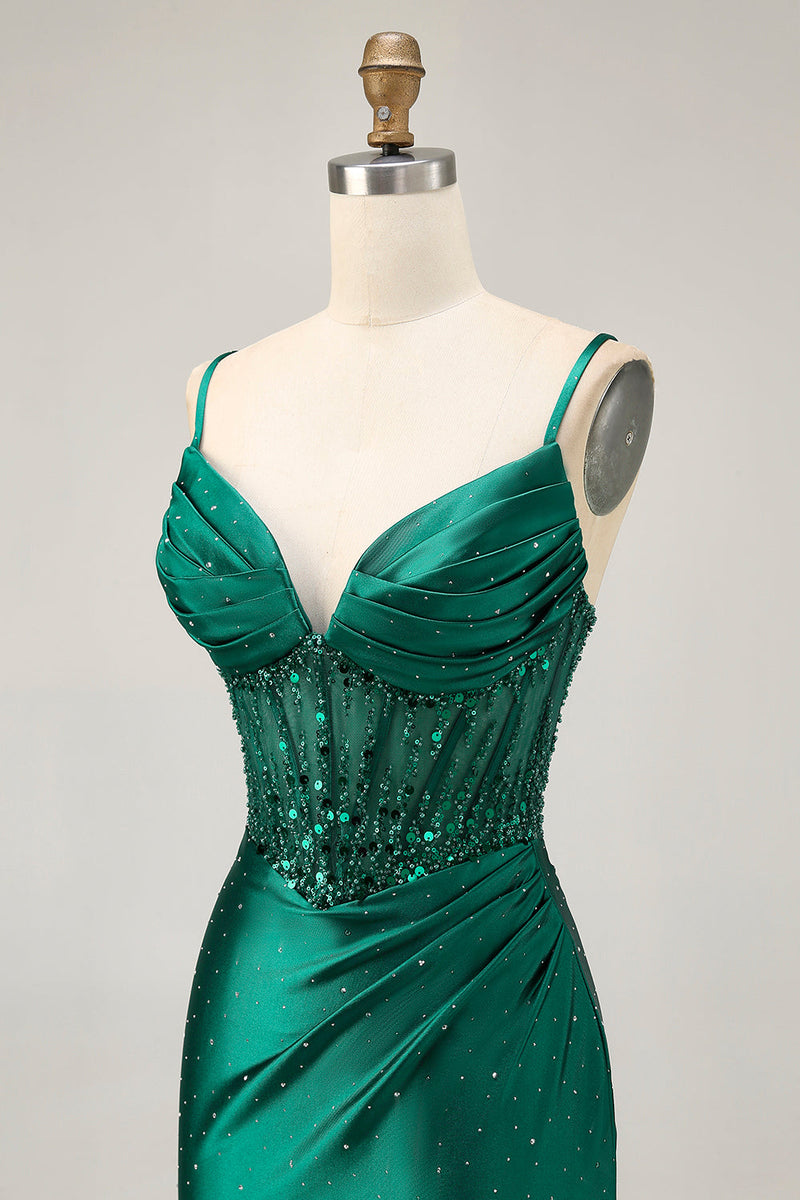 Load image into Gallery viewer, Sparkly Dark Green Satin Corset Short Tight Homecoming Dress with Beading