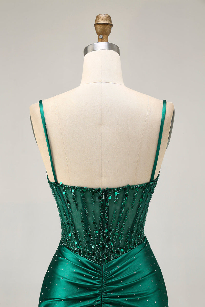 Load image into Gallery viewer, Sparkly Dark Green Satin Corset Short Tight Homecoming Dress with Beading