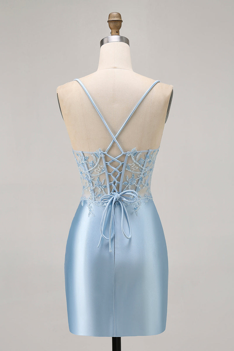 Load image into Gallery viewer, Sparkly Blue Satin Tight Short Corset Homecoming Dress with Lace
