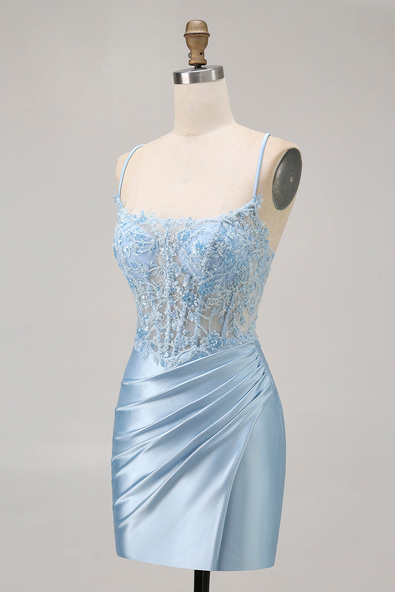 Load image into Gallery viewer, Sparkly Blue Satin Tight Short Corset Homecoming Dress with Lace