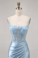 Load image into Gallery viewer, Sparkly Blue Satin Tight Short Corset Homecoming Dress with Lace