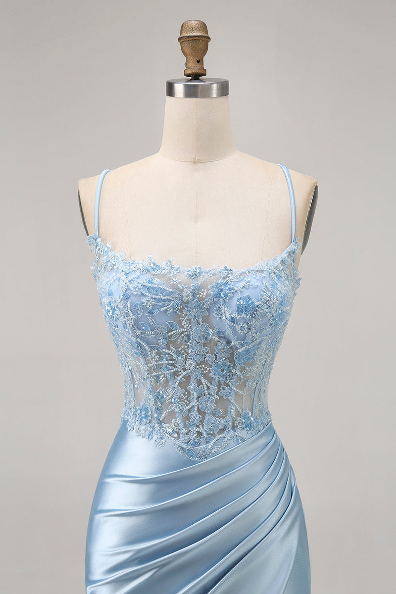 Load image into Gallery viewer, Sparkly Blue Satin Tight Short Corset Homecoming Dress with Lace