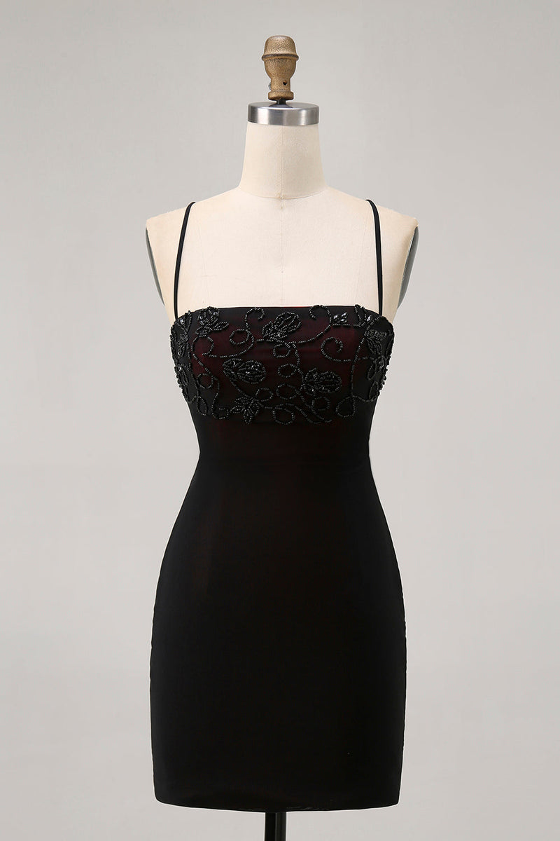 Load image into Gallery viewer, Black Tight Spaghetti Straps Short Homecoming Dress with Beading