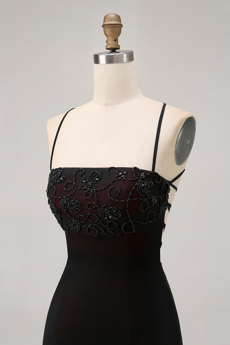 Load image into Gallery viewer, Black Tight Spaghetti Straps Short Homecoming Dress with Beading